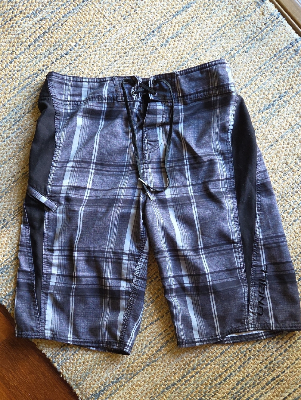 O'Neill Gray Plaid Swim Board Shorts with Black Side Panels